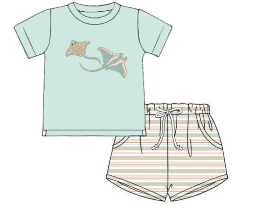 Pre Order 150: Mermaids & Rays- Boys French Knot Shortie Set