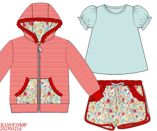 RTS: 3pc Knit Jacket Set- Girls Ariel Floral & Red Stripe