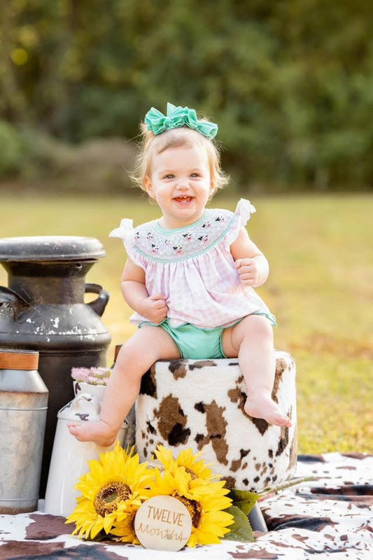 Pre Order 139: Geo Smocked Cows- Girls Bloomer Set