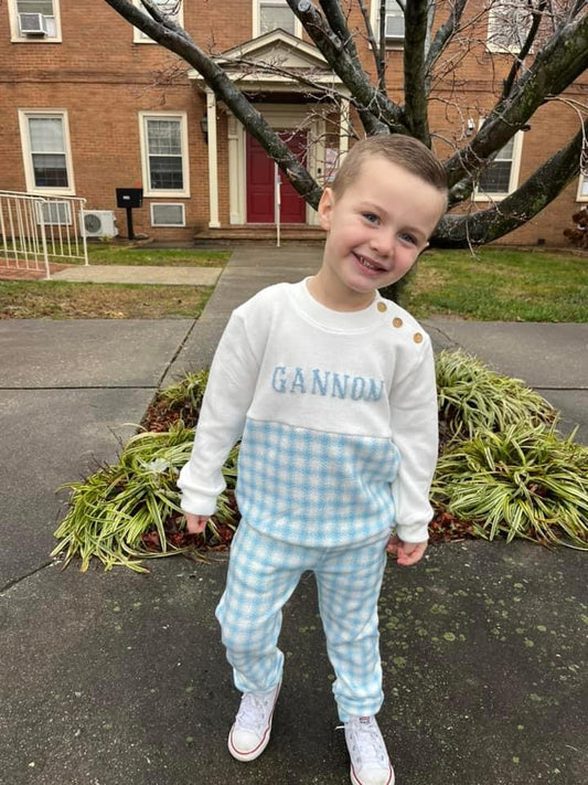 RTS: Blue & Pink Check Cardigan- Boys French Knot Jogger Set