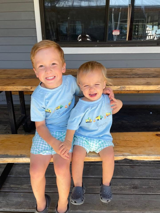 Pre Order 139: French Knot Construction- Boys Knit Angled Short Set