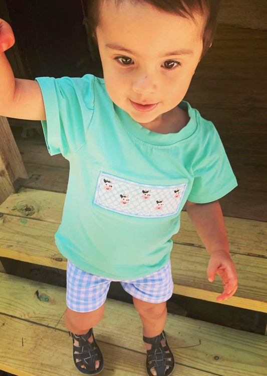 Pre Order 139: Geo Smocked Cows- Boys Knit Angled Short Set
