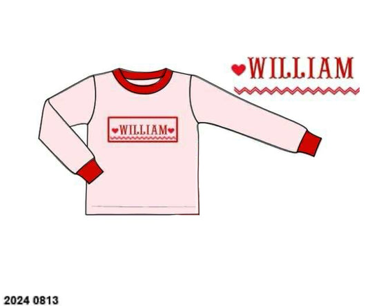 Pre Order 132: Valentine Name Smocks- Boys Pink Knit Shirt