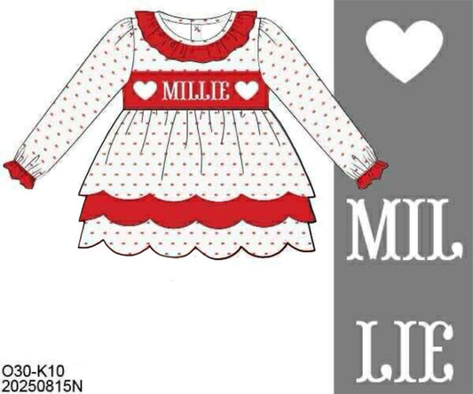 Pre Order 132: Valentine Name Smocks- Girls Red Swiss Dot Scallop Shirt