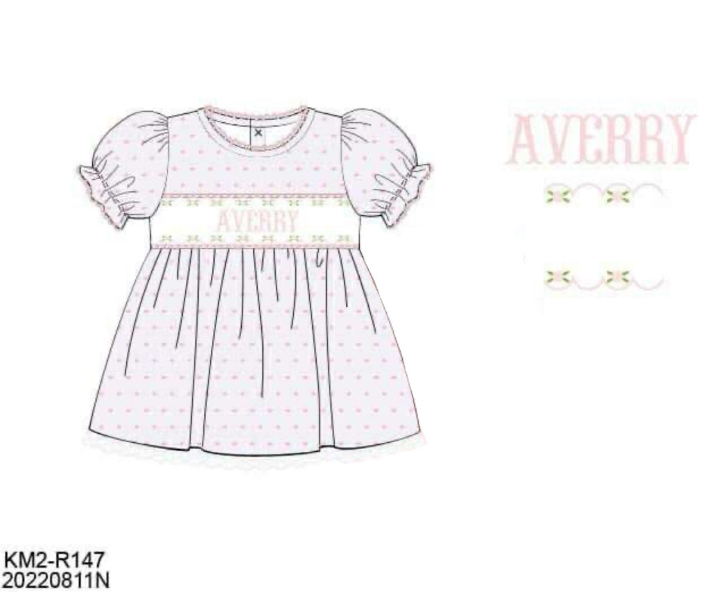 Pre Order 132: Valentine Name Smocks- Girls Pink Swiss Dot Shirt