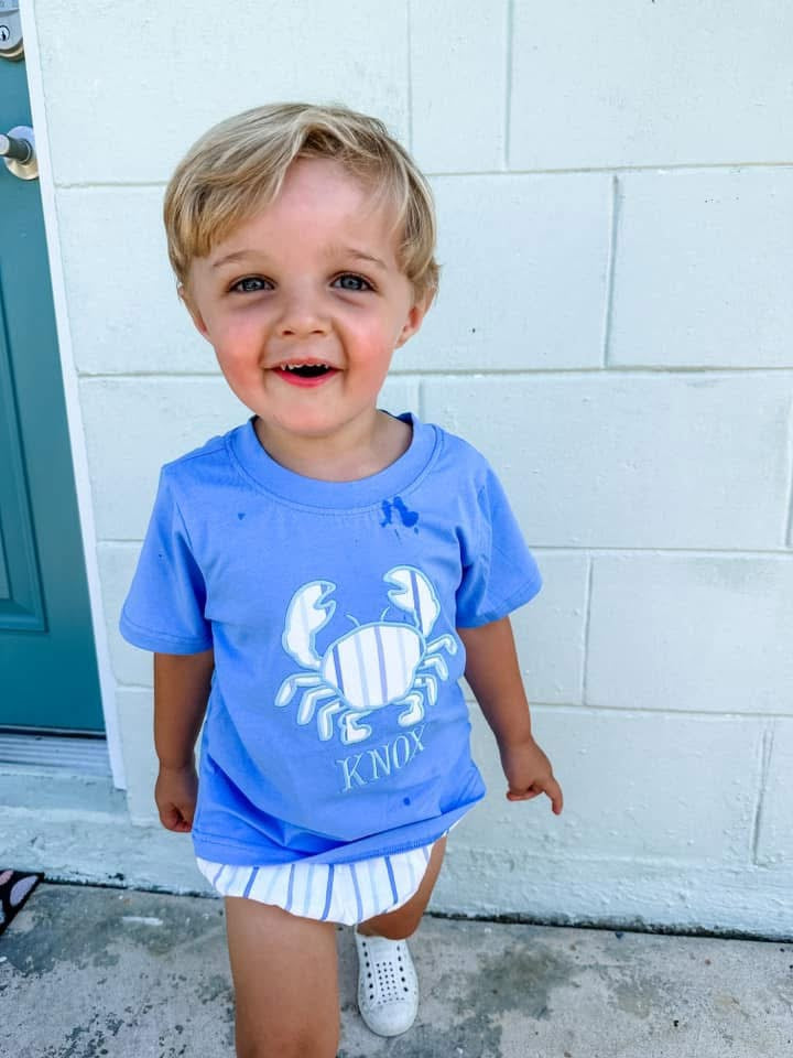 RTS: Blue Crabs & Fish- Boys Crab Appliqué Knit Shirt