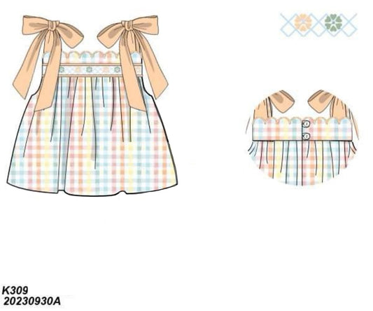 Pre Order 133: Spring Plaid- Girls Knit Smocked Tie Shirt