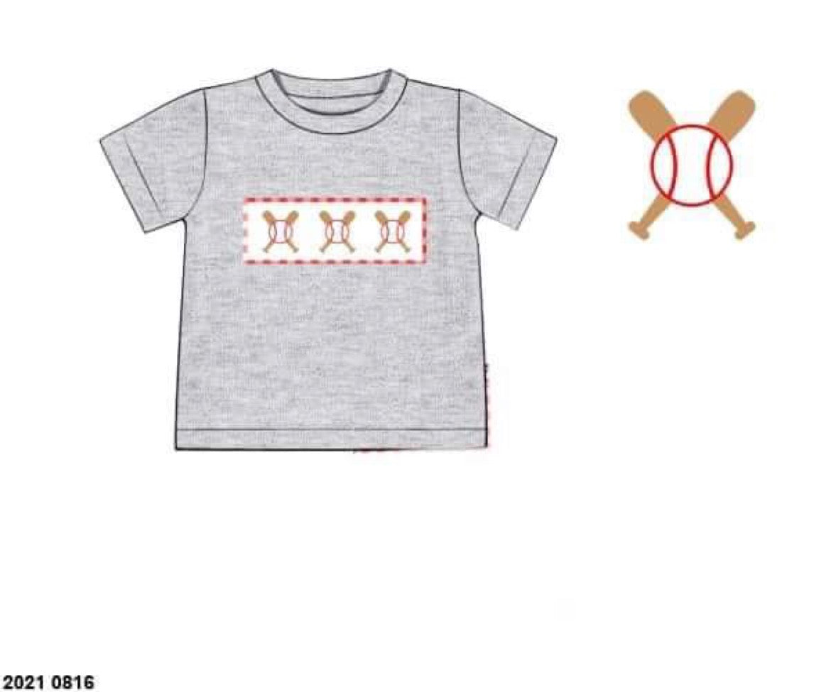 RTS: Baseball- Boys Grey Smocked Baseball Knit Shirt
