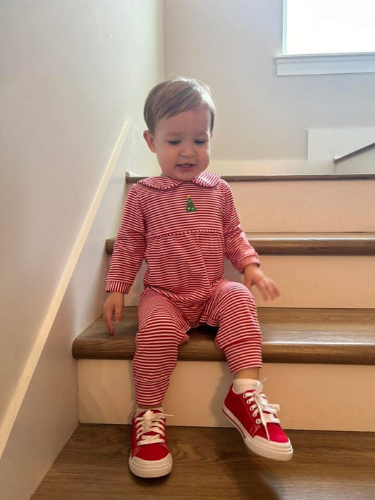 RTS: Embroidered Christmas Trees- Boys Knit Romper (No Monogram)