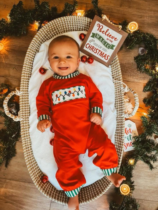 RTS: Smocked Lights- Boys Knit Romper