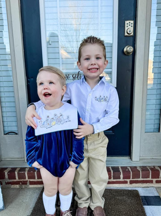 RTS: Blue Velvet Nativity- Boys Button Up Shirt