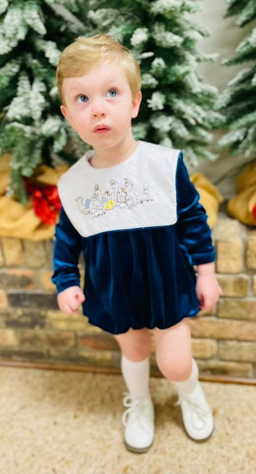 RTS: Blue Velvet Nativity- Boys Embroidered Bubble