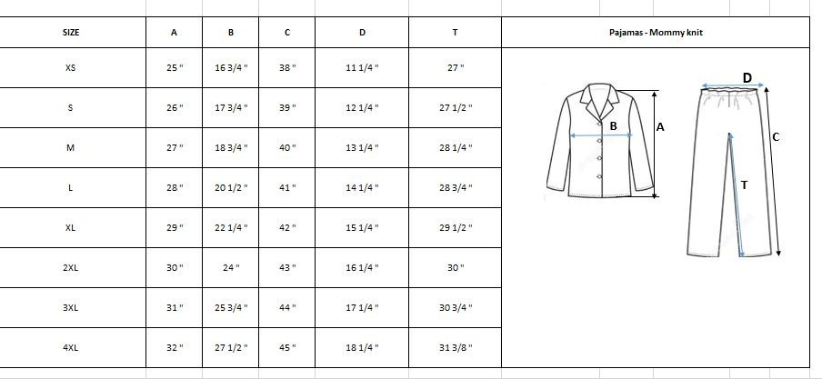 Mom Button Up Pjs Size Chart
