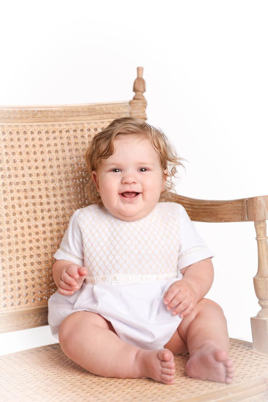 Pre Order 148: Hattie Heirloom- Boys Geometric Smocked Woven Bubble