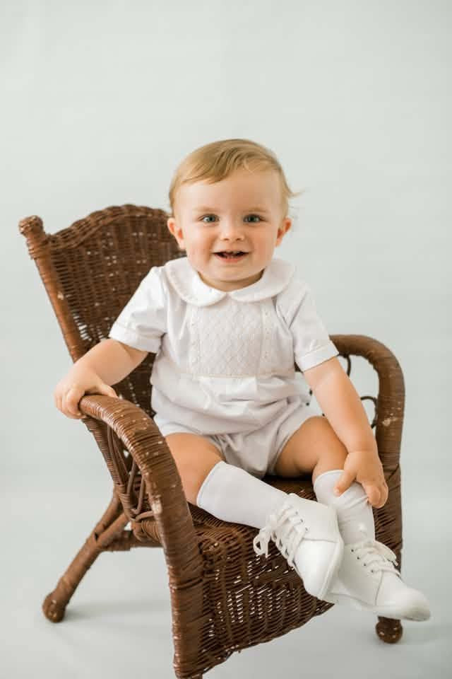 Pre Order 148: Hattie Heirloom- Boys Geometric Smocked Woven Romper with Collar