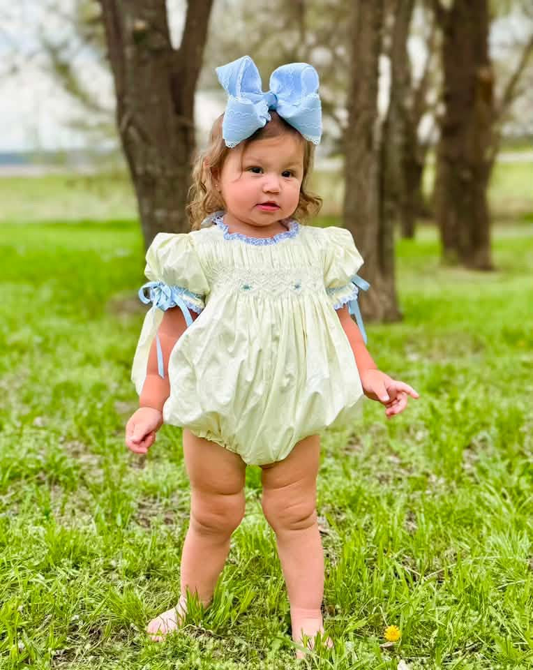 Pre Order 148: Yellow Sellers Heirloom- Girls Geometric Smocked Woven Bubble