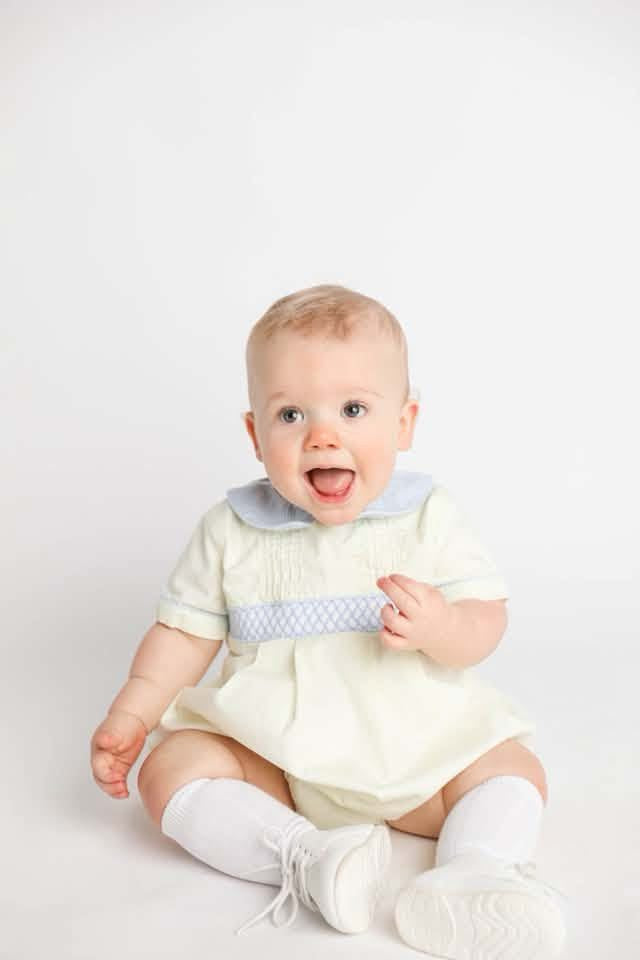 Pre Order 148: Yellow Sellers Heirloom- Boys Geometric Smocked Woven Bubble