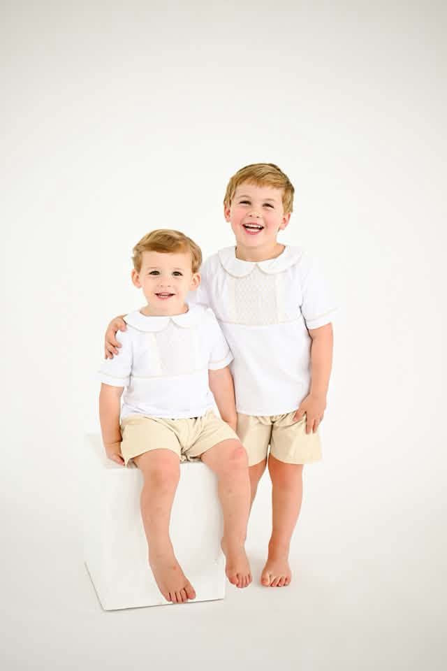 Pre Order 148: Hattie Heirloom- Boys Geometric Smocked Woven Short Set