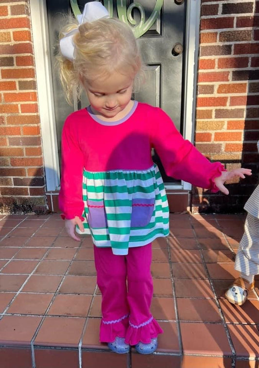 RTS: Girls Only- Pink & Green Stripe Knit Pant Set (No Monogram)