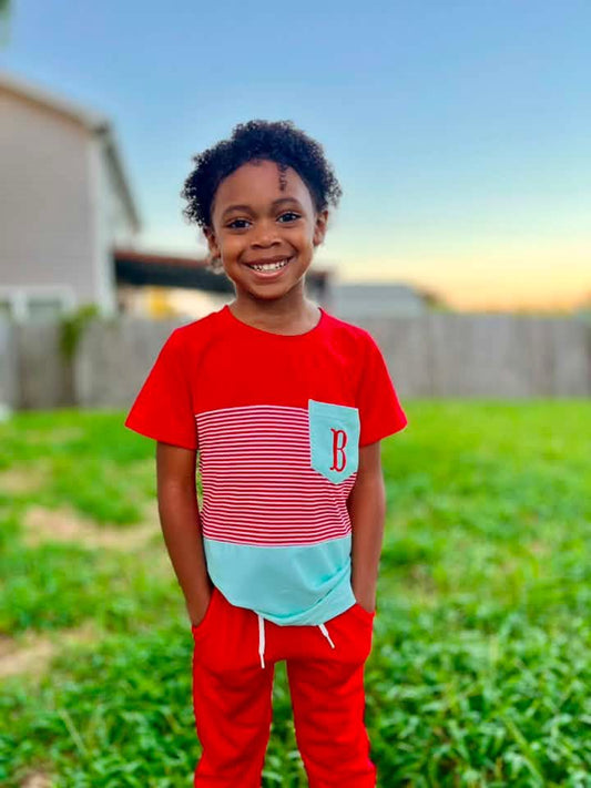 RTS: Ariel Floral & Stripes- Boys Knit Jogger Set (No Monogram)