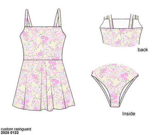 RTS: Brynn Floral Swim- Mom/Mini 1pc Check Skirted Rash Guard Swim