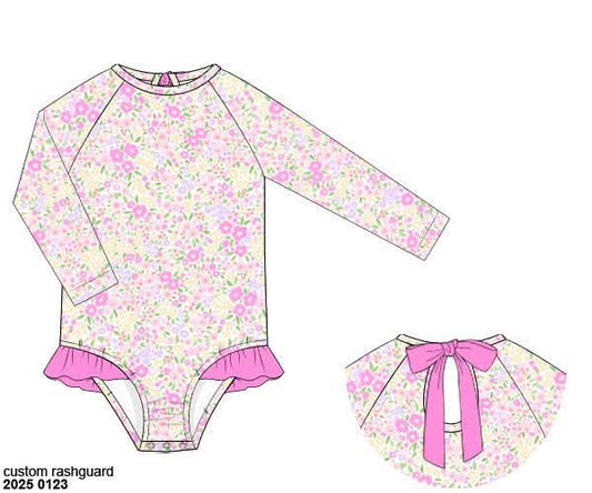 RTS: Brynn Floral Swim- Girls 1pc Long Sleeve Rash Guard Swim