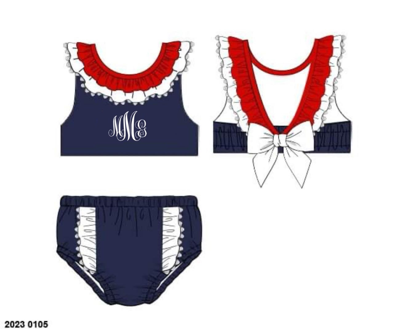 RTS: Patriotic Colorblock Swim Collection- Girls 2pc Rashguard Swim- Monogram "MMG"