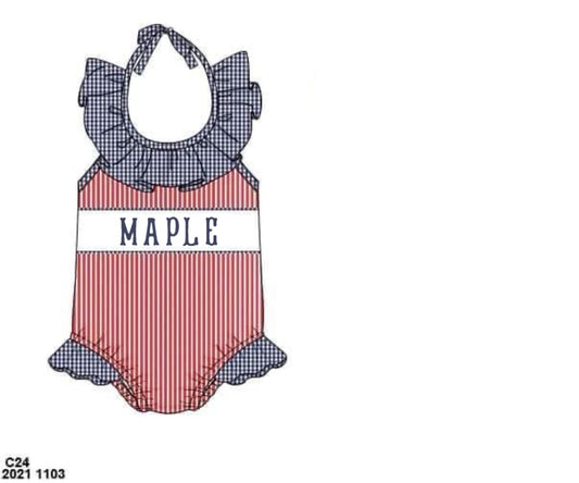 RTS: Patriotic Name Smock Swim Collection- Stripes- Girls 1pc Woven Swim- Monogram "MAPLE"