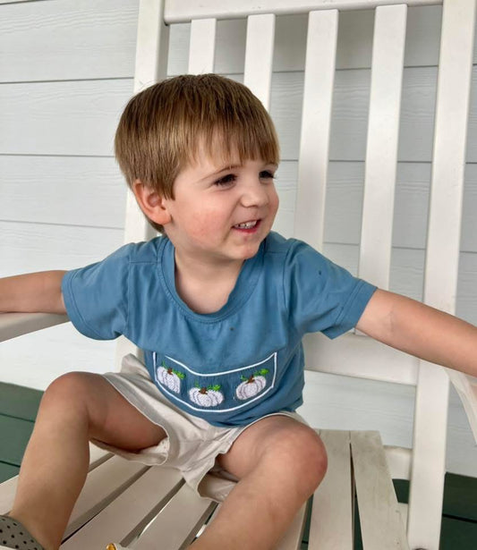 Pre Order 141: White Pumpkins- Boys Smocked Shirt