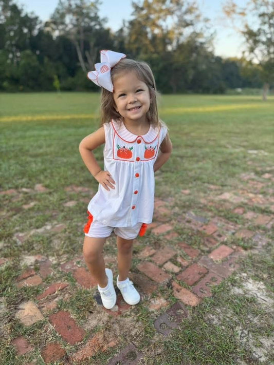 RTS: Simple Pumpkins- Girls Smocked Knit Shortie Set