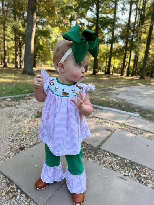 Pre Order 141: Smocked Puppy Duck- Girls Knit Pant Set