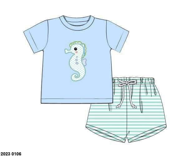 RTS: OG Seahorse- Boys Applique Knit  Shortie Set