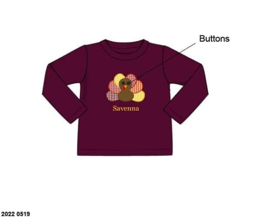 RTS: Turkey Shirt Only- Boys Plum Button Turkey (No Monogram)