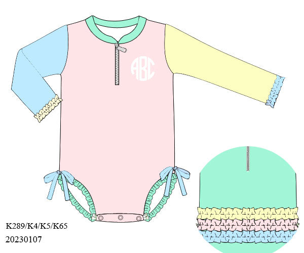 RTS: Sellers Color Block- Girls 1pc Rash Guard Swim