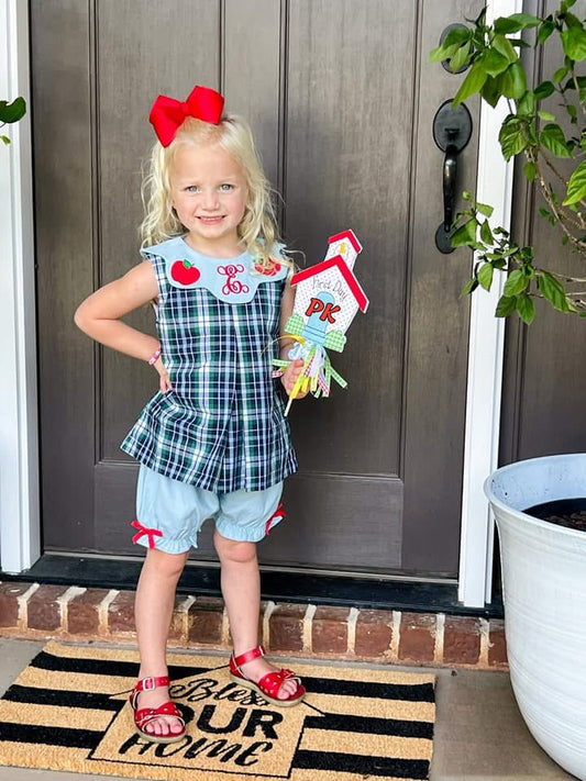 RTS: Properly Plaid- Girls Linen Bubble Short Set