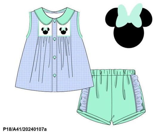 Pre Order 149: Minty Mouse- Girl Smocked Shortie Set