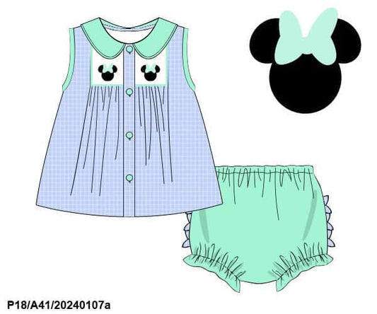 Pre Order 149: Minty Mouse- Girl Smocked Shortie Set