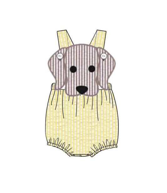 Pre Order 149: Spring Puppy- Yellow Seersucker Unisex Sunsuit