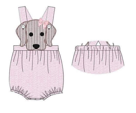 Pre Order 149: Spring Puppy- Pink Seersucker Girls Sunsuit