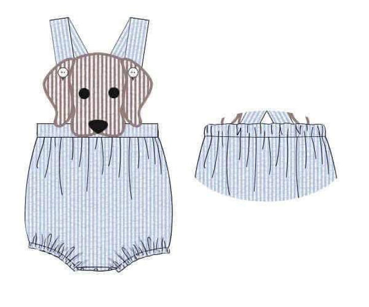 Pre Order 149: Spring Puppy- Blue Seersucker Unisex Sunsuit
