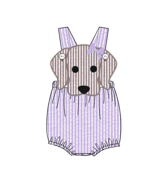 Pre Order 149: Spring Puppy- Purple Seersucker Girls Sunsuit