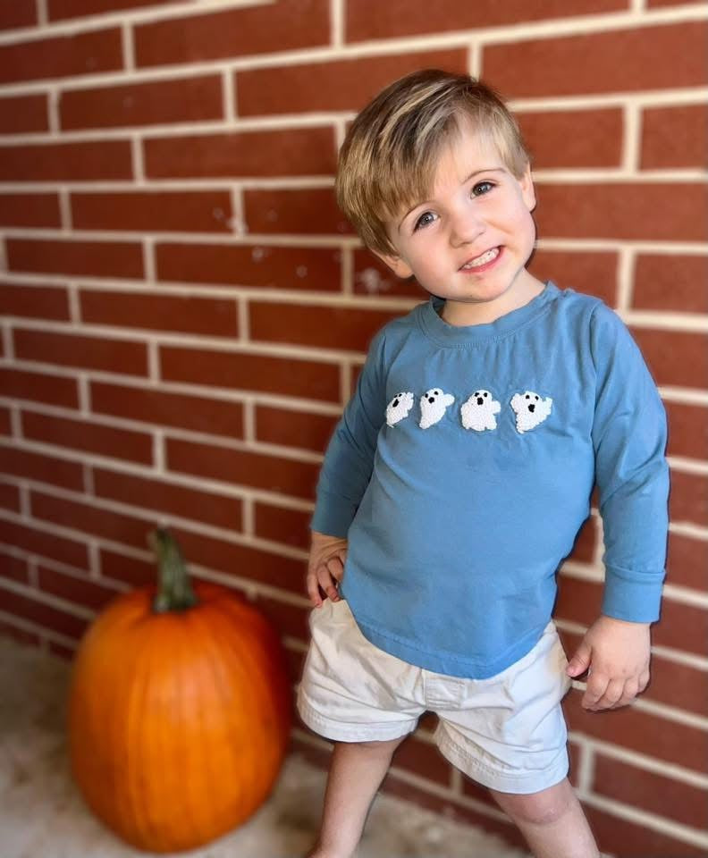 RTS: Halloween Shirt Only- French Knot Ghosts Boys Shirt