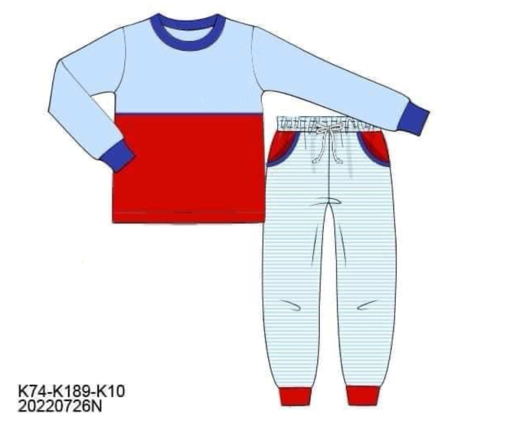 RTS: Red & Blue Stripes- Boys Knit Jogger Set (No Monogram)