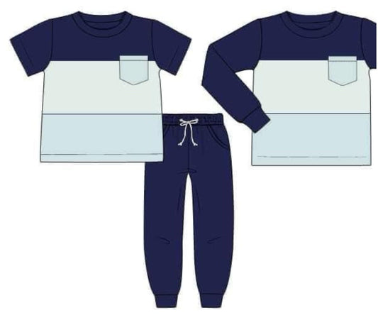 RTS: 3pc Jogger Sets- Boys Colorblock Icy Blue, Icy Mint, & Navy Knit Set (No Monogram)