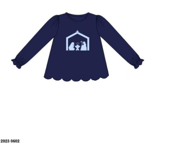 RTS: Nativity Applique- Girls Navy Knit Shirt