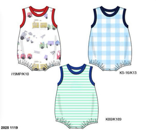 RTS: 3pc Bubble Pack- Boys Mint Stripe, Blue Gingham, & Transportation
