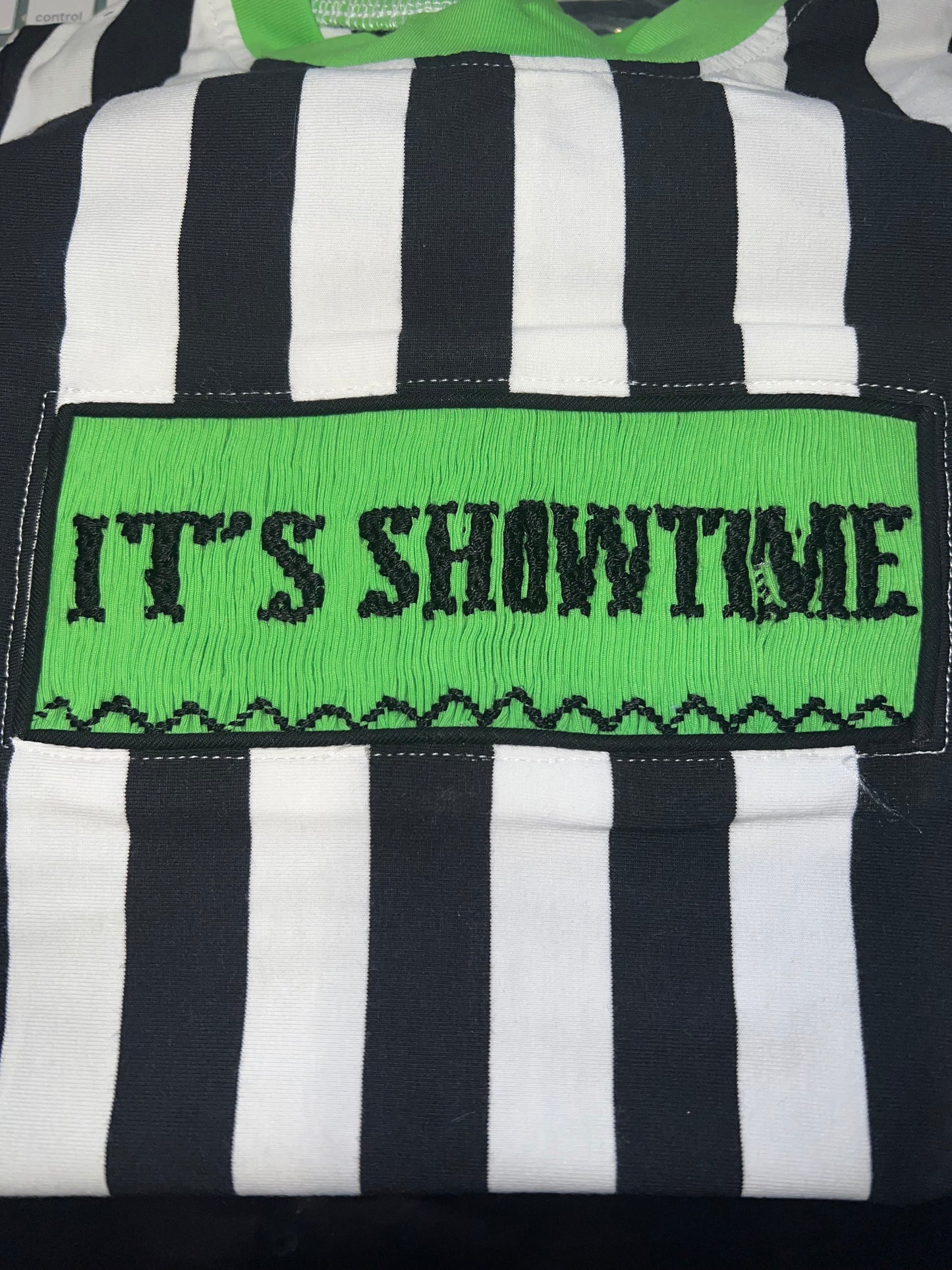 RTS: DEFECT- Halloween Name Smocks- Showtime Boys Knit Bubble "IT'S SHOWTIME"