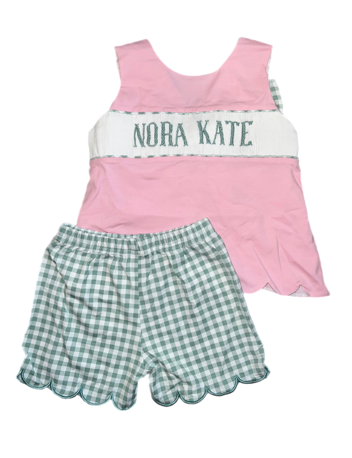 RTS: Name Smock Collection- Girls Pink & Green Gingham Knit Short Set "Nora Kate"