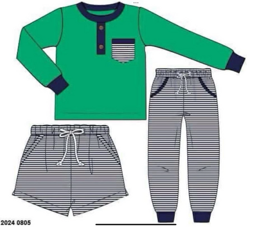 RTS: 3pc Knit Sets- Boys Green & Navy Stripe