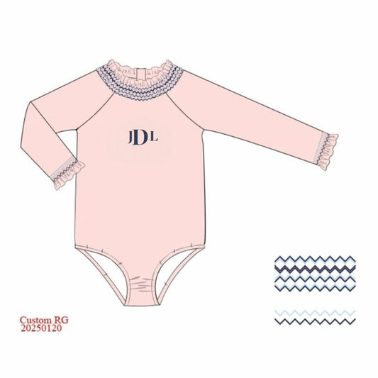 RTS: Navy Swim- Girls 1pc Smocked Long Sleeve Rash Guard Swim "JDL"